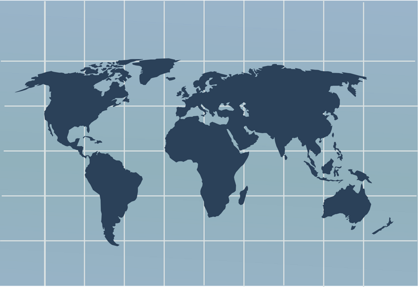 This picture shows a world map. The continents are dark blue, the oceans light blue. In the background there is a grid.