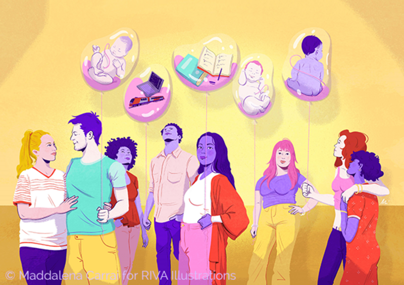This picture shows eight persons in very colourful clothes on a yellow background. Five of them hold balloons. Inside the transparent balloons one can see babies. The ballons symbolize wombs.